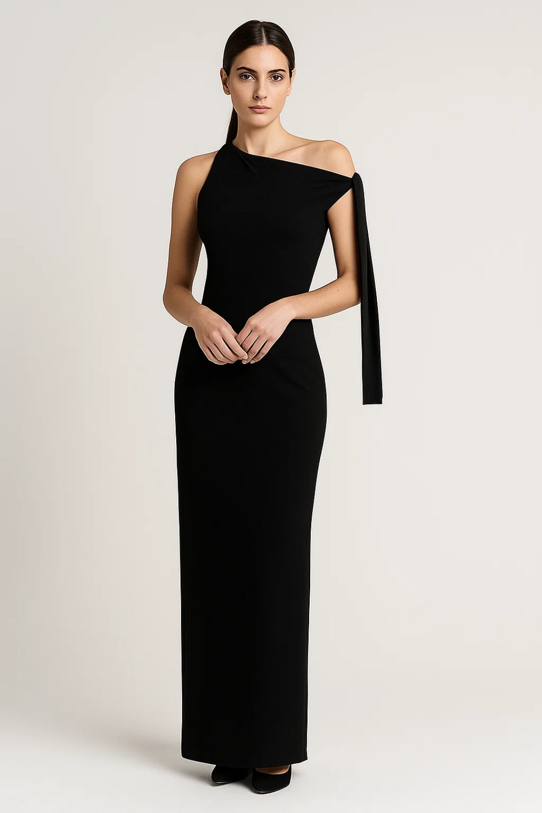 Lange one-shoulder jurk met strik