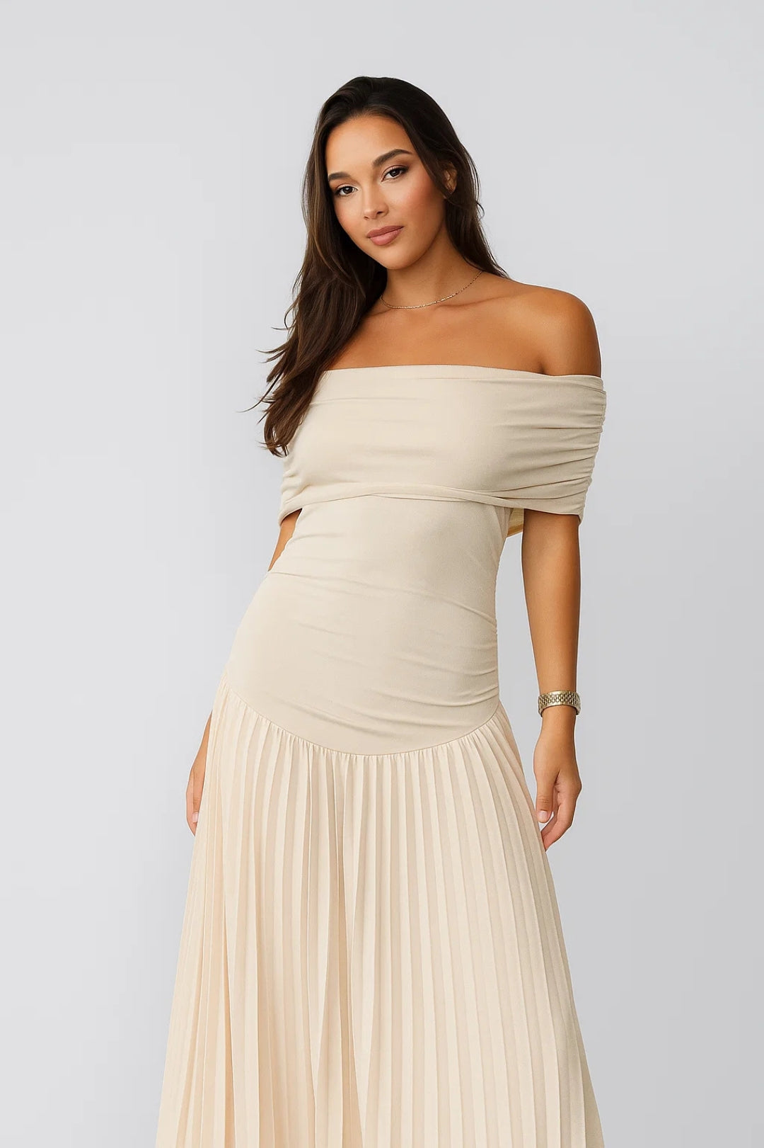 Lange Bardot-jurk | Geplooid