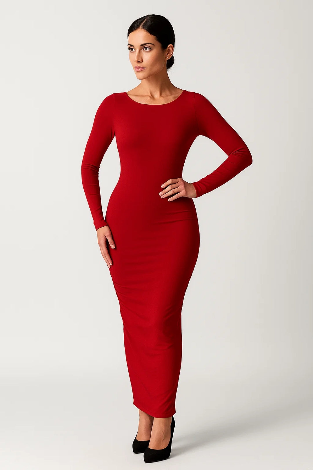 Lange aansluitende jurk | Lange mouwen | In rekbare gebreide stof