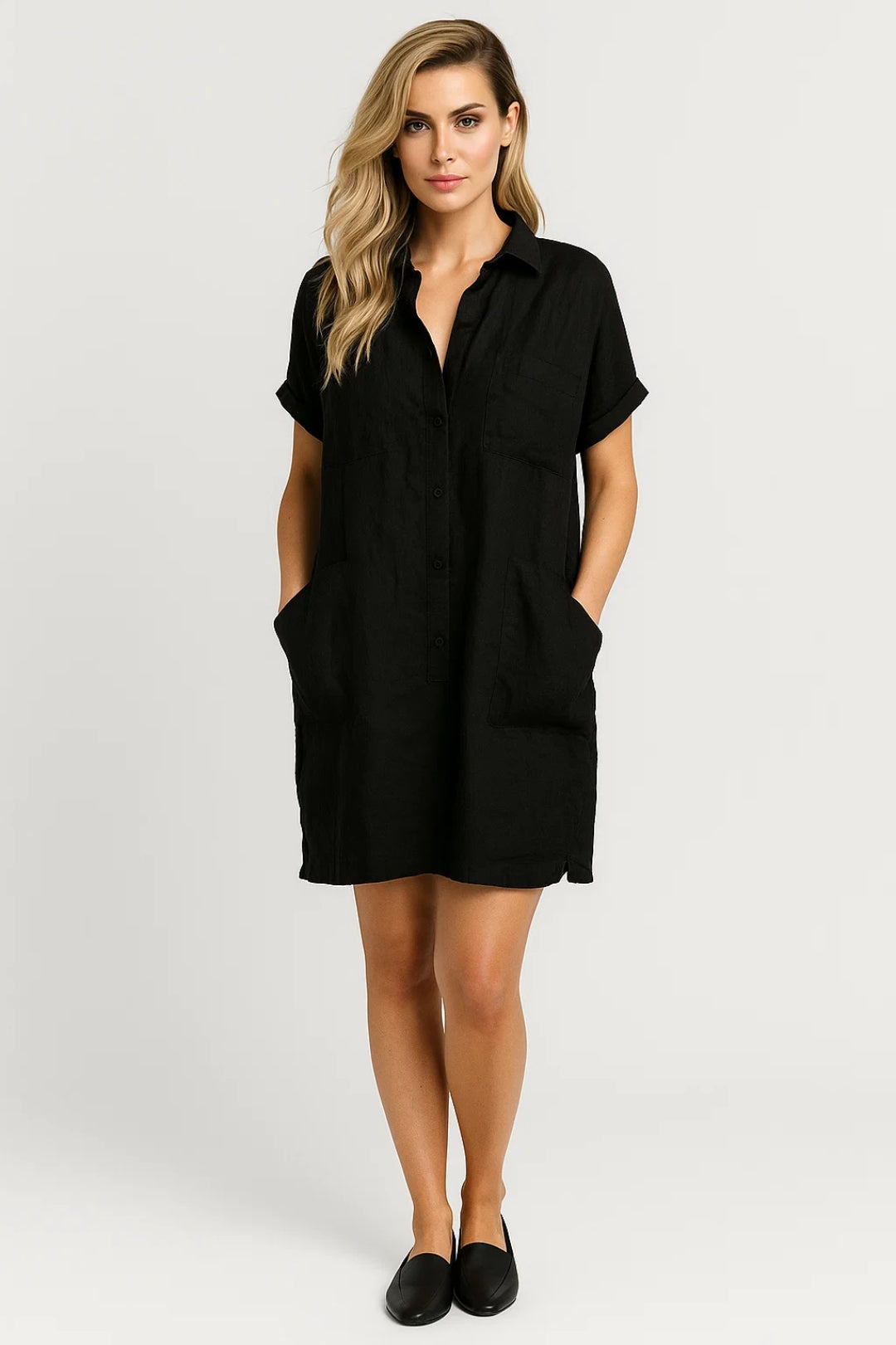 Lange blouse met borstzakken en omgeslagen mouwen