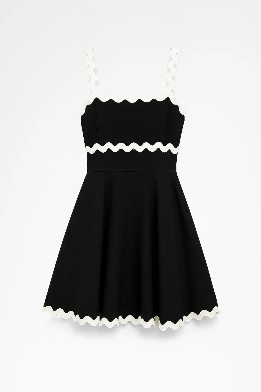 Kort jurkje met golvende bandjes en contrasterende details