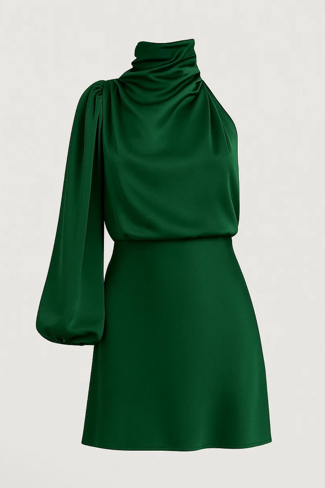 Kort one-shoulder jurkje | Hoge geplooide hals | Elegante wijde mouw