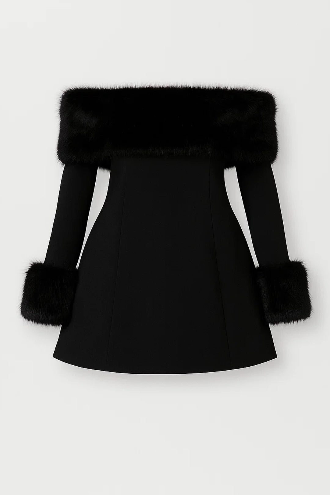 Kort zwart jurkje met lange mouwen en imitatiebontdetails