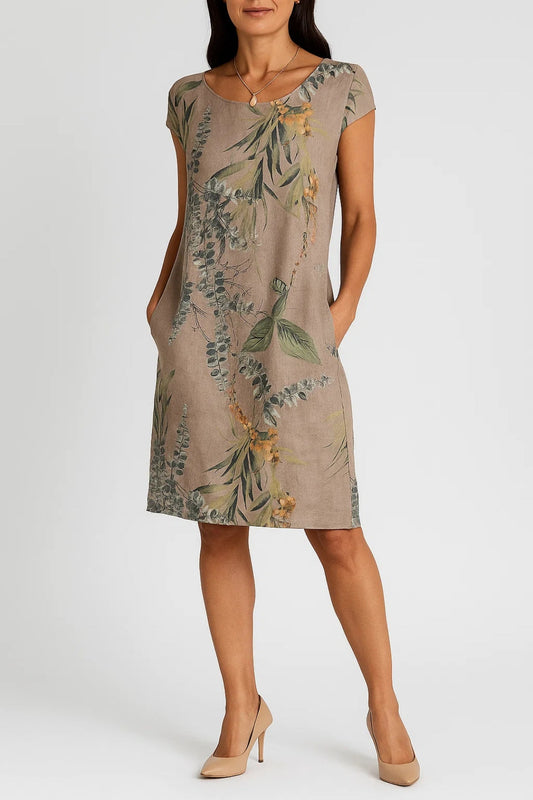 Zomerse linnen jurk met tropische bloemenprint | Zijzakken | Rechte snit
