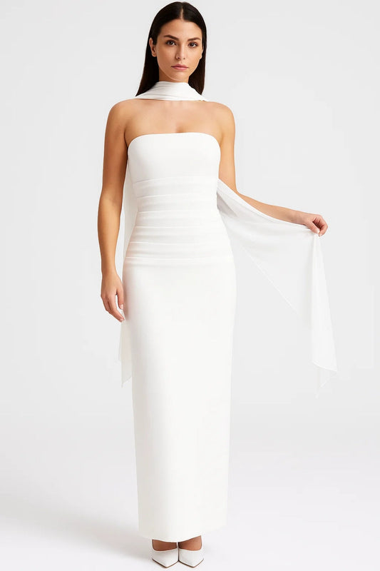 Lange jurk met chiffon sjaal | Strapless | Aansluitende pasvorm