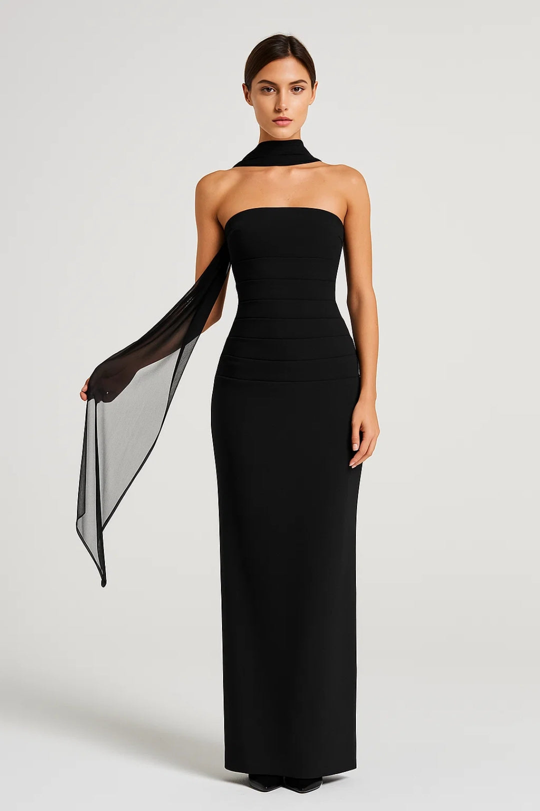 Lange jurk met chiffon sjaal | Strapless | Aansluitende pasvorm