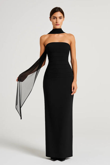 Lange jurk met chiffon sjaal | Strapless | Aansluitende pasvorm