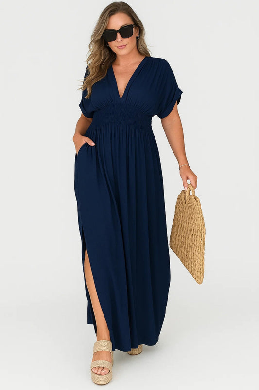 Lange jurk met V-hals | Soepele snit en korte mouwen