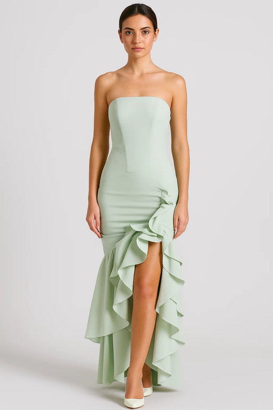 Lange strapless jurk met volant | Elegante asymmetrische split