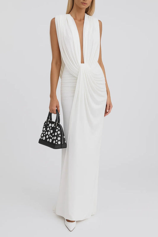 Lange elegante jurk met draperie aan de voorkant | Diepe halslijn | Klassiek wit