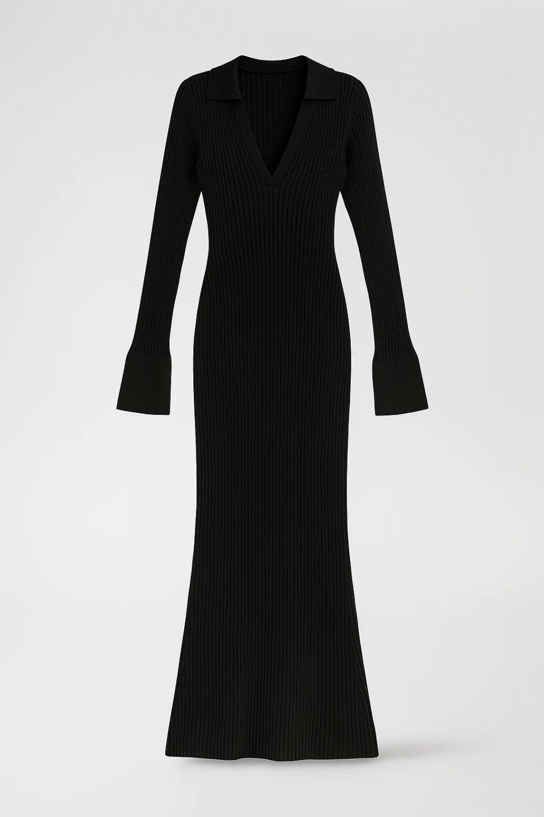 Lange ribgebreide jurk | Diepe V-hals | Uitlopende lange mouwen
