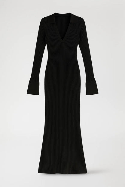 Lange ribgebreide jurk | Diepe V-hals | Uitlopende lange mouwen