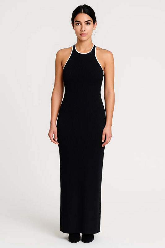 Lange zwarte jurk met halterhals | Open rug | Aansluitende pasvorm