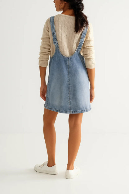 Korte denim salopettejurk | V-hals | Opgestikte zakken