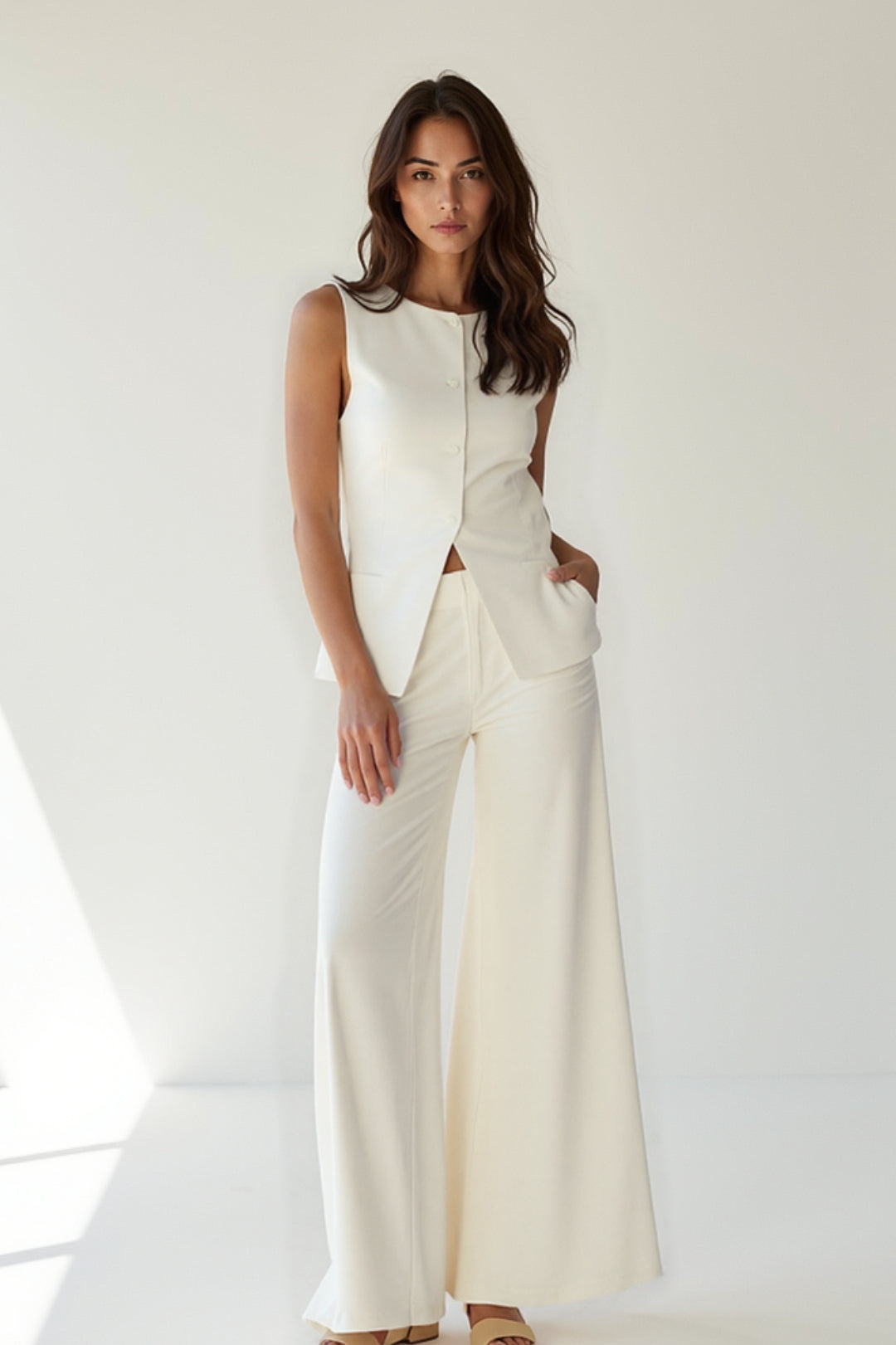 Witte Broekenset | Mouwloos Gilet met Wijde Pijpen | Stijlvol & Minimalistisch