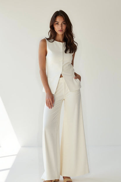 Witte Broekenset | Mouwloos Gilet met Wijde Pijpen | Stijlvol & Minimalistisch