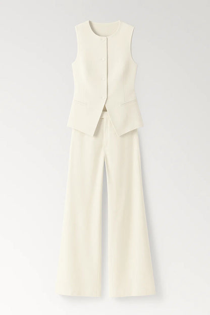 Witte Broekenset | Mouwloos Gilet met Wijde Pijpen | Stijlvol & Minimalistisch