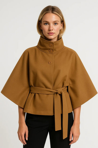 Damescape met Ceintuur | Opstaande Kraag en Wijde Mouwen | Elegante Tussenjas