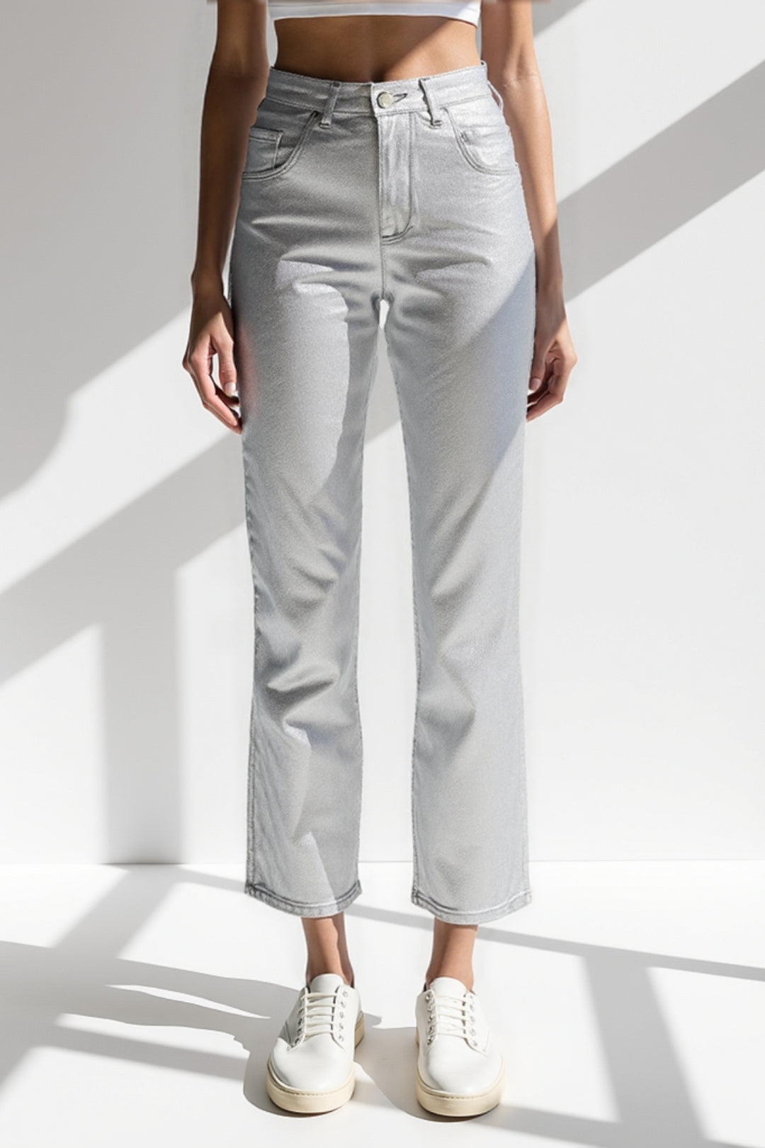 Zilveren rechte jeans | Hoge taille | Glanzend metallic effect