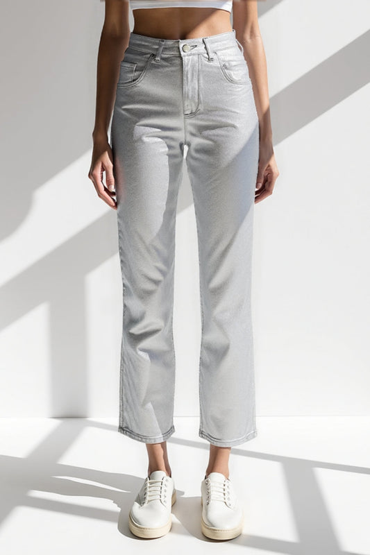 Zilveren rechte jeans | Hoge taille | Glanzend metallic effect