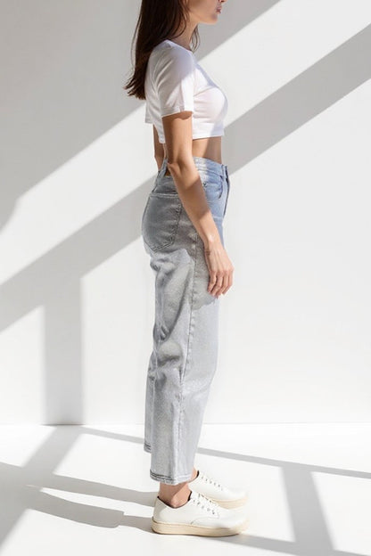 Zilveren rechte jeans | Hoge taille | Glanzend metallic effect