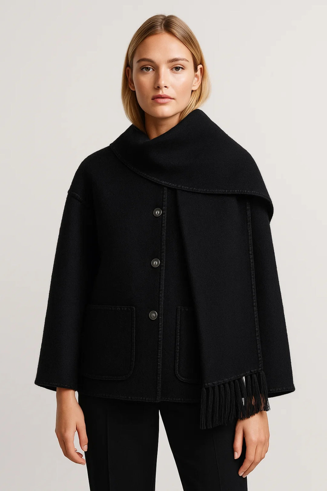 Korte Damesjas | Asymmetrisch Sjaaldetail | Elegante Afwerking met Franjes