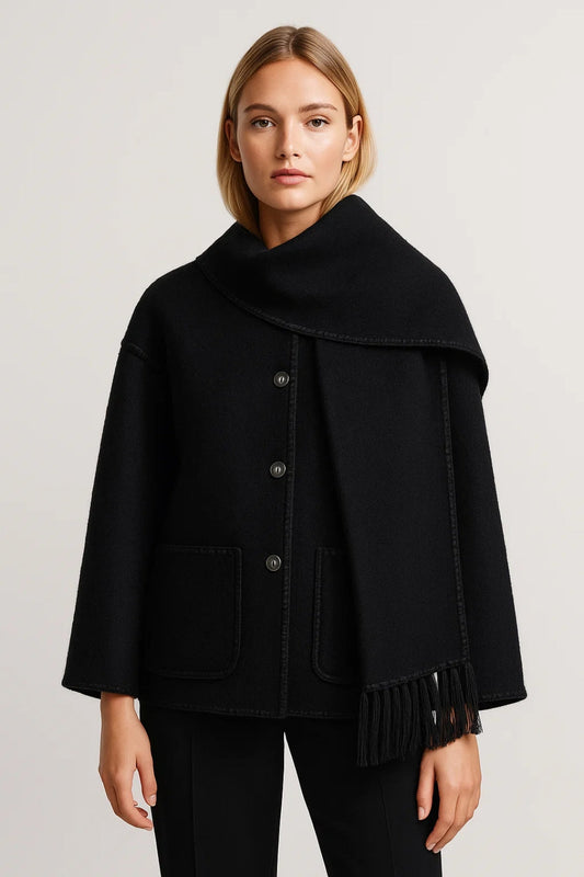 Korte Damesjas | Asymmetrisch Sjaaldetail | Elegante Afwerking met Franjes