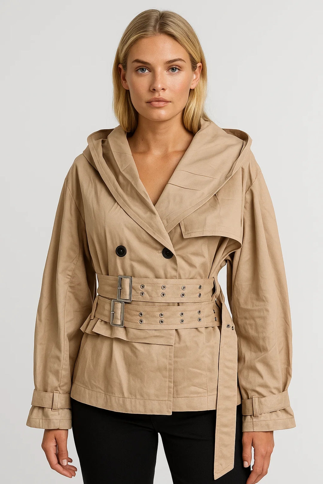 Korte Damesjas | Double-Breasted met Ceintuur | Stoer & Verfijnd