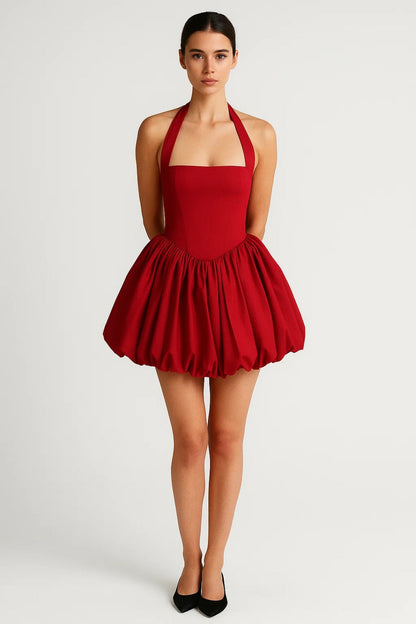 Ballon-minijurk met halterhals | Korte, volumineuze snit