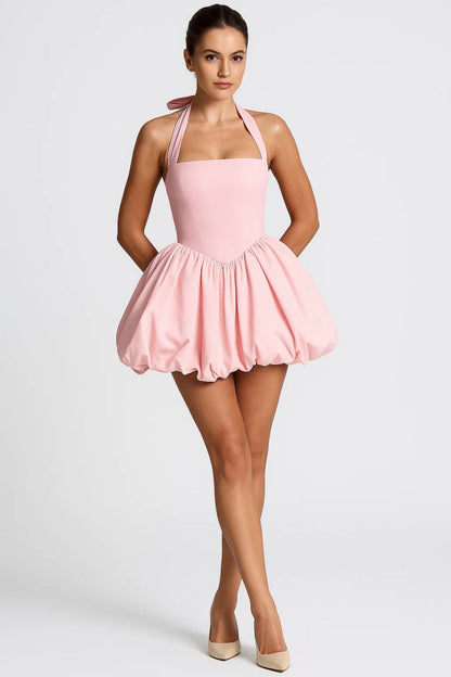 Ballon-minijurk met halterhals | Korte, volumineuze snit