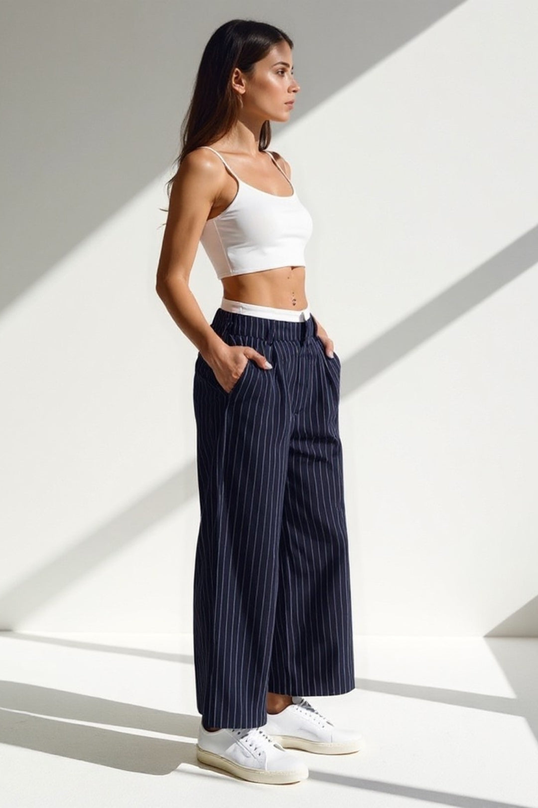 Broek met verticale strepen | Middelhoge taille | Wijde pijpen