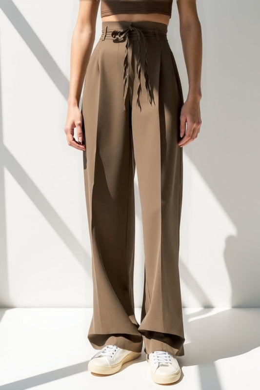 Broek met hoge taille en gevlochten riem | Wijde pijpen | Elegant en vloeiend