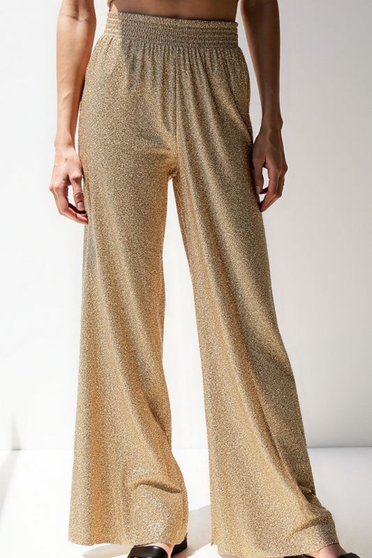 Flared broek met metallic glitter | Hoge taille met elastiek | Sprankelende avondlook
