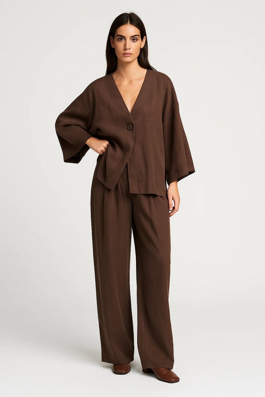 Tweedelige Set Dames | Oversized Top met V-Hals en Wijde Pantalon | Minimalistisch en Comfortabel