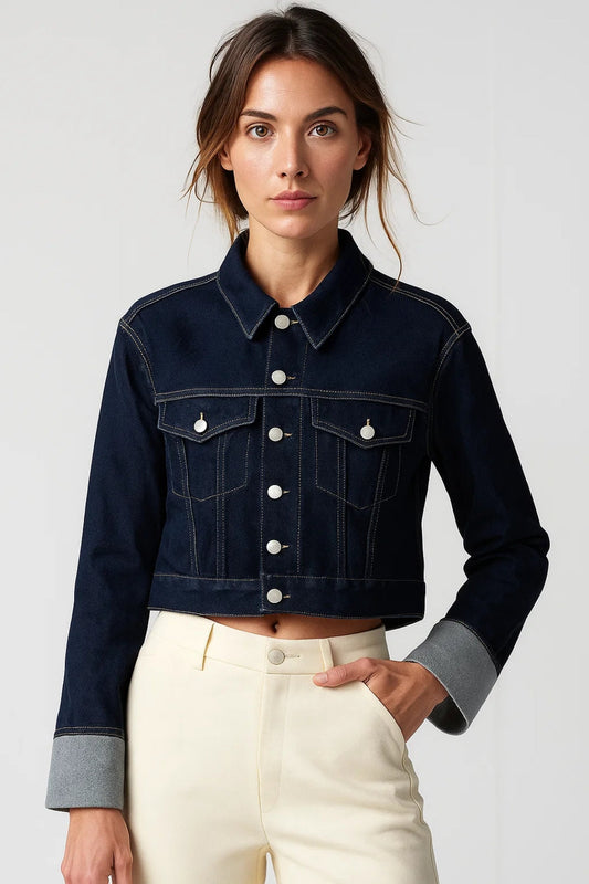 Cropped Spijkerjack | Donkerblauw Denim | Met Opgestikte Zakken