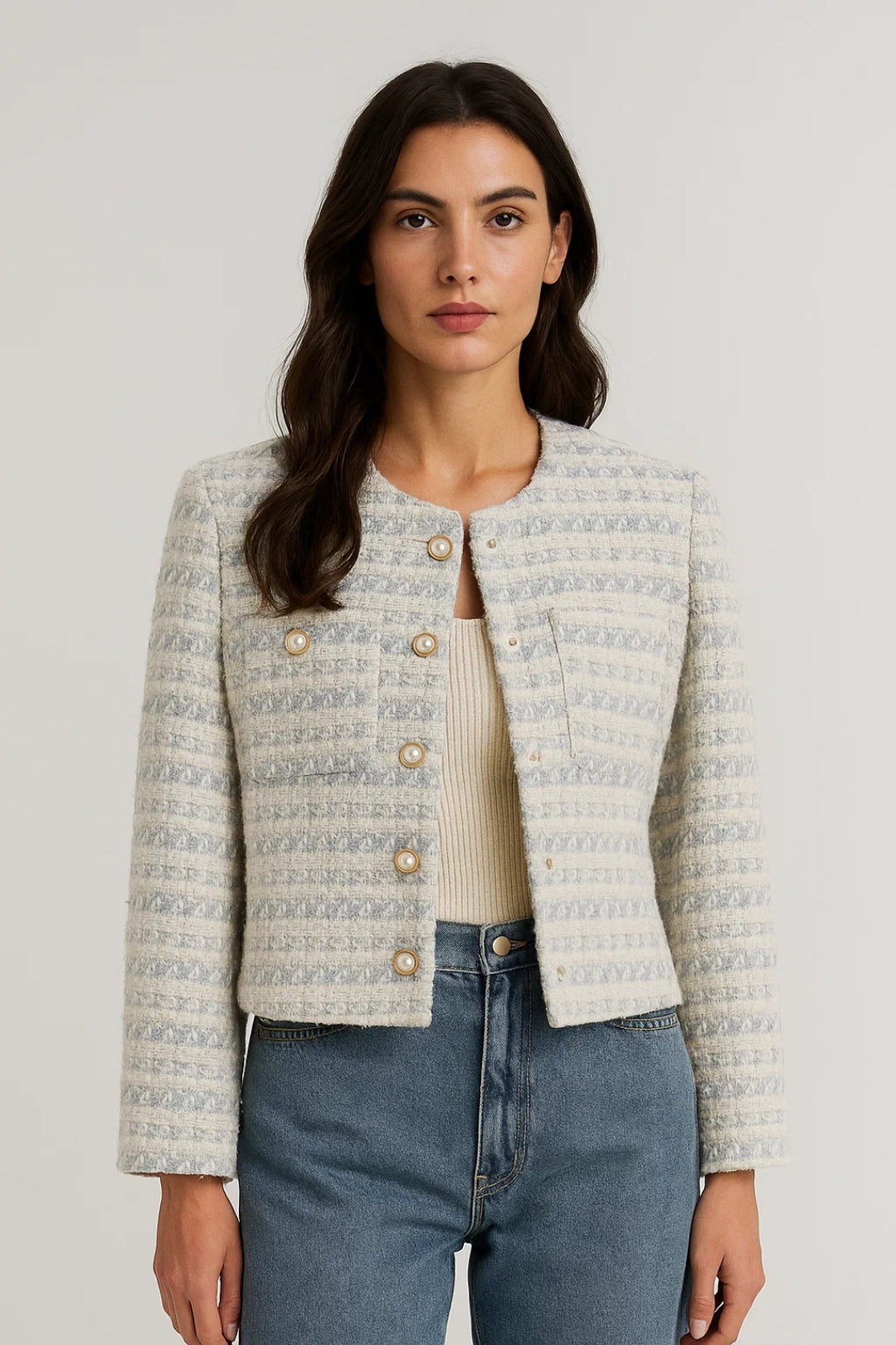 Bouclé Jassen Collectie | Damesjack met Parelknoopsluiting en Luxe Textuur | Lichtgewicht en Ademend