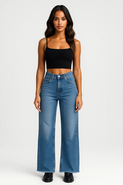 Flared jeans met rafelige zoom | Hoge taille | Intens donkerblauw denim