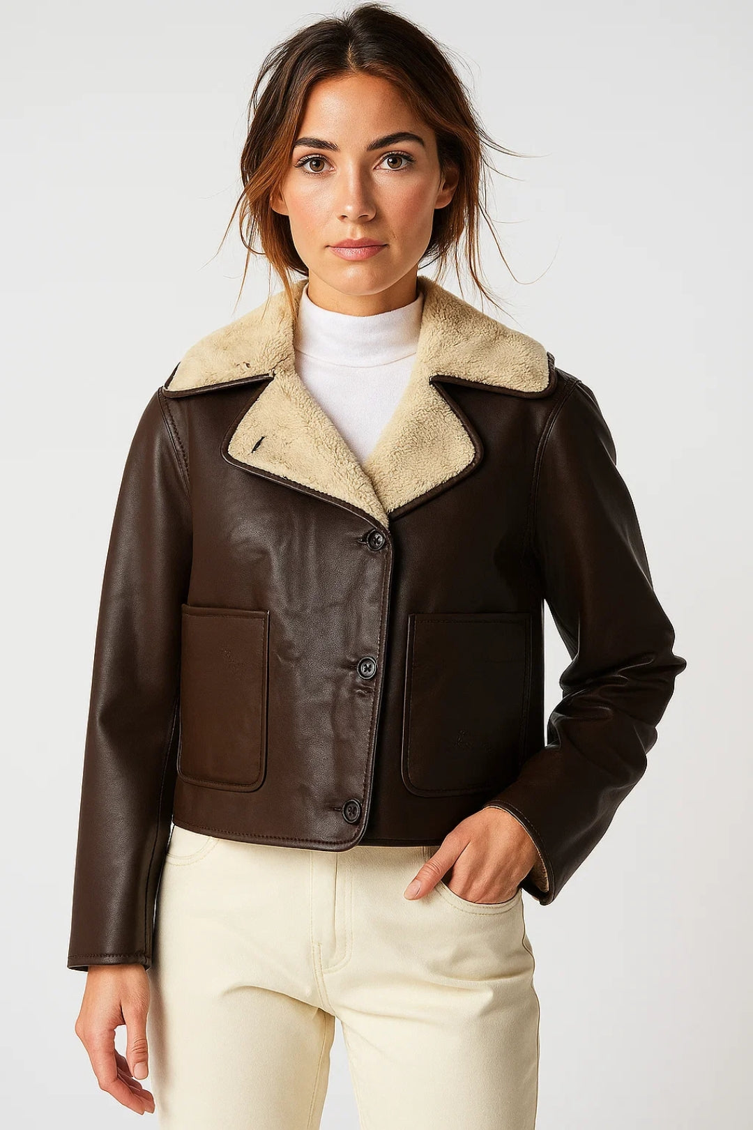 Korte Jas met Imitatiebont | Donkerbruin Vegan Leer | Warme Voering