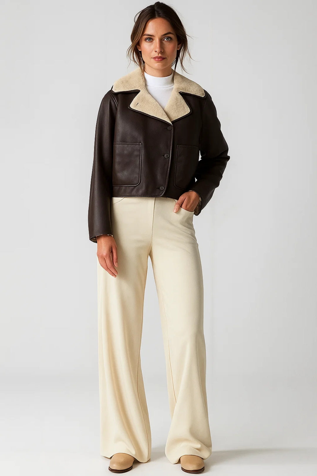 Korte Jas met Imitatiebont | Donkerbruin Vegan Leer | Warme Voering