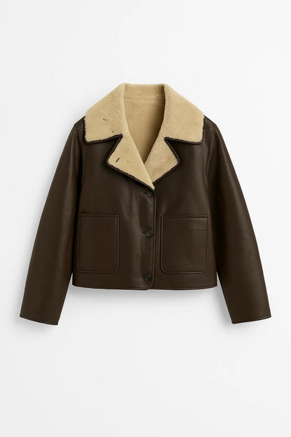 Korte Jas met Imitatiebont | Donkerbruin Vegan Leer | Warme Voering
