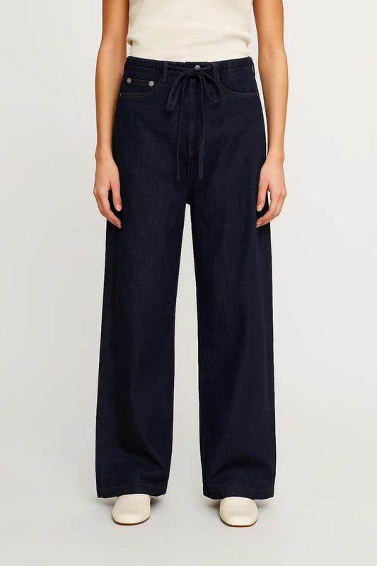 Denim broek met wijde pijpen en trekkoord | Elastische taille | Donkerblauw of bruin