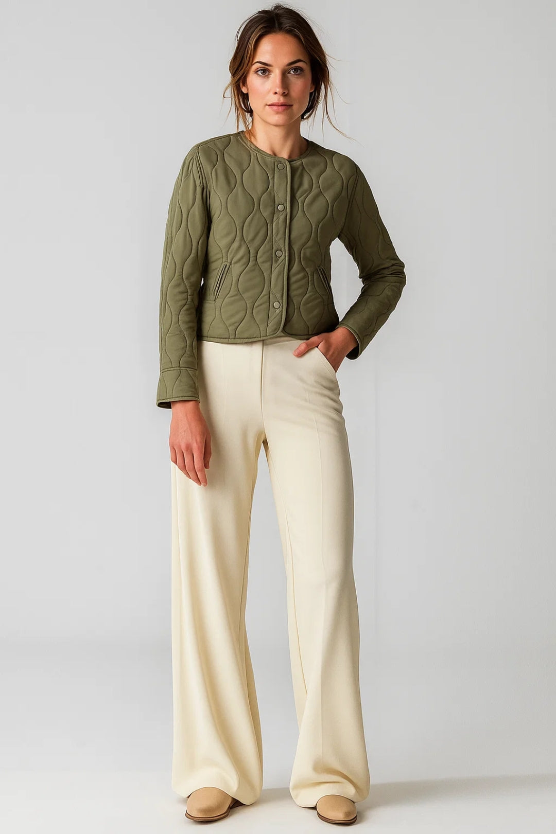 Gewatteerd Kort Jack | Minimalistisch Design | Olijfgroen