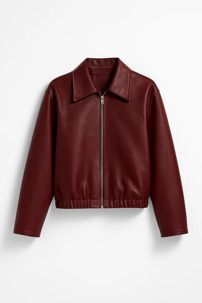 Korte Leren Jas | Diep Bordeauxrood